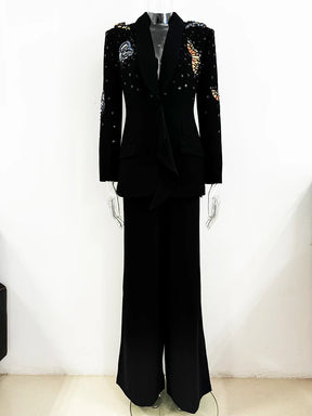 Conjunto Elegante: Blazer com Aplicação 3D e Calça Pantalona