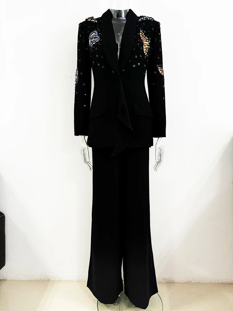 Conjunto Elegante: Blazer com Aplicação 3D e Calça Pantalona