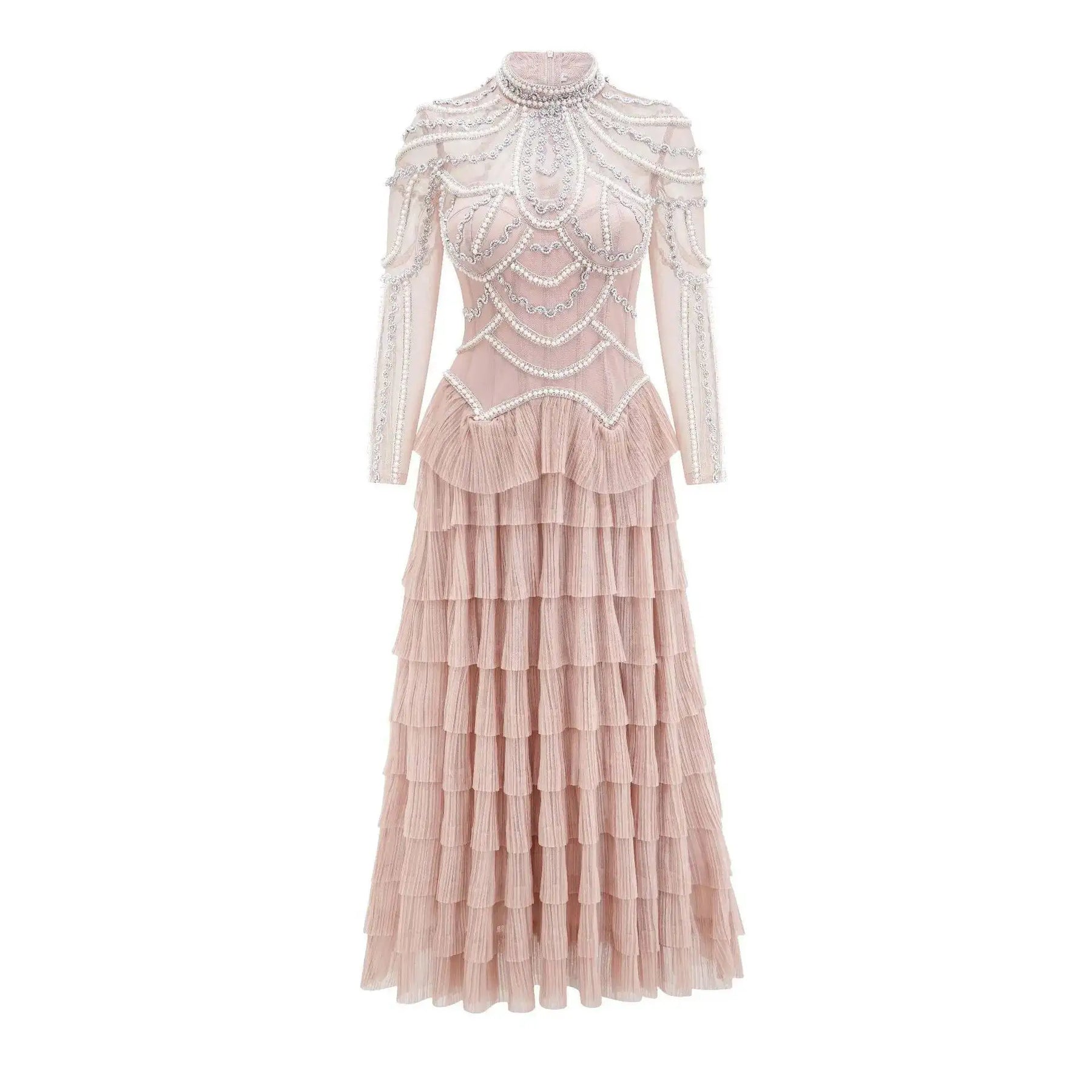 Vestido Longo - Luxo, com Bordado Feito à Mão e Saia em Camadas de Tule