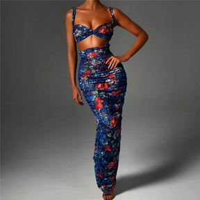 Conjunto Estampado Elegante – Top Sem Alças e Saia Longa com Detalhe Ruched