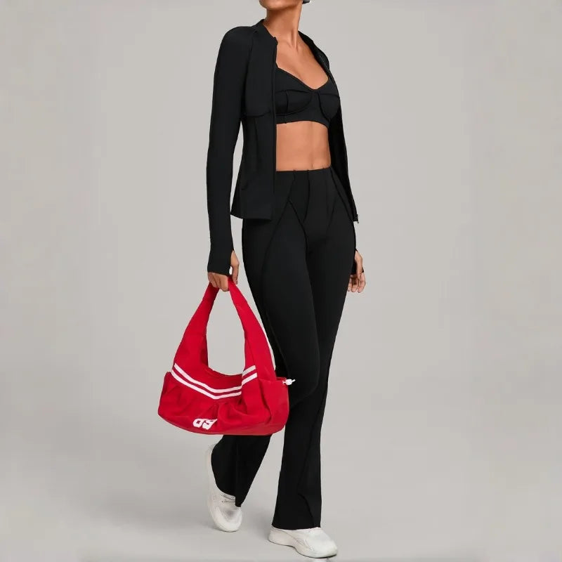 Conjunto Esportivo Feminino 3 Peças – Jaqueta com Zíper + Top + Calça | Yoga, Corrida e Treinos ao Ar Livre
