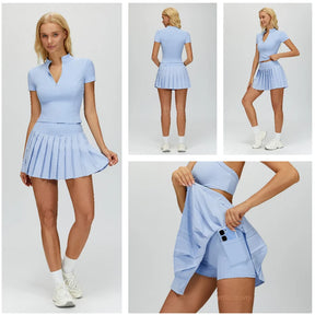 Conjunto Esportivo Feminino – Blusa com Zíper + Saia Plissada Cintura Alta | Tênis, Golfe e Treinos