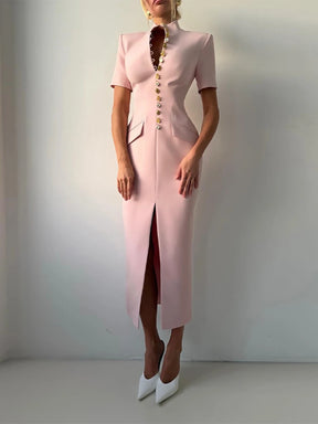 Vestido Midi Alfaiataria com Botões Dourados e Ombreira