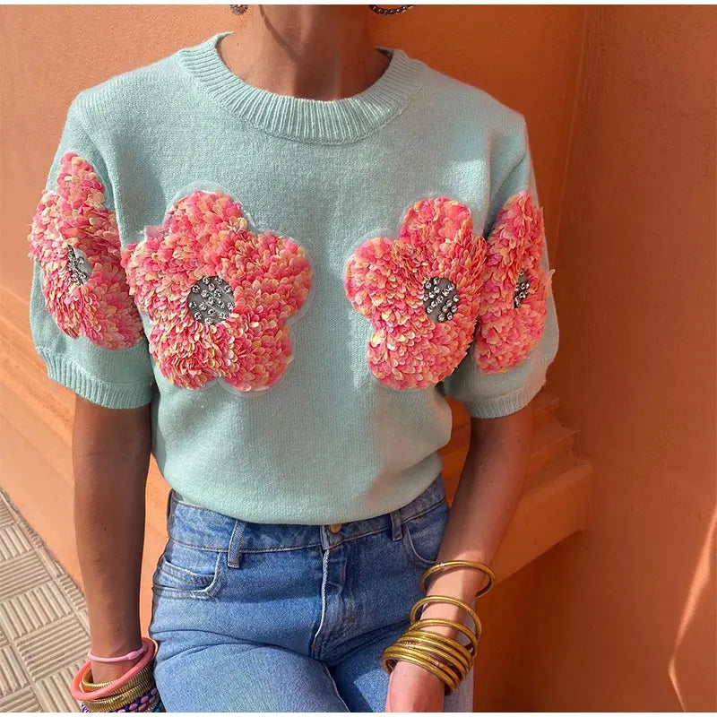 Blusa Tricô bordada com flor - Novidade