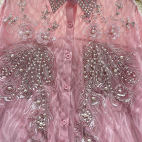 Camisa com Gola Alta, Bordados e Paetês – Elegância com Toque Brilhante