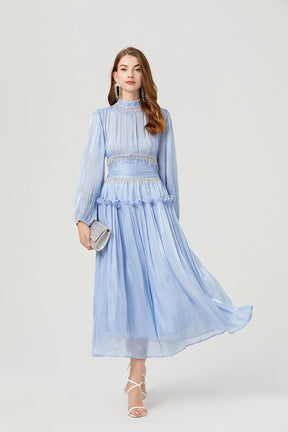 Vestido de Verão SEDA – Luxo Francês, Franjas, Pregas e cristais