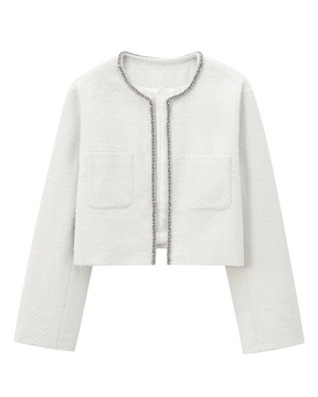 Conjunto Elegante Tweed com Cardigan Bordado em Strass e Saia de Cintura Alta