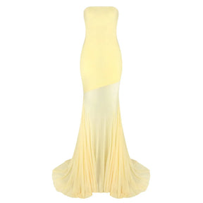Vestido Maxi Escultural Amarelo com Estrutura de Corpete e Saia Fluida