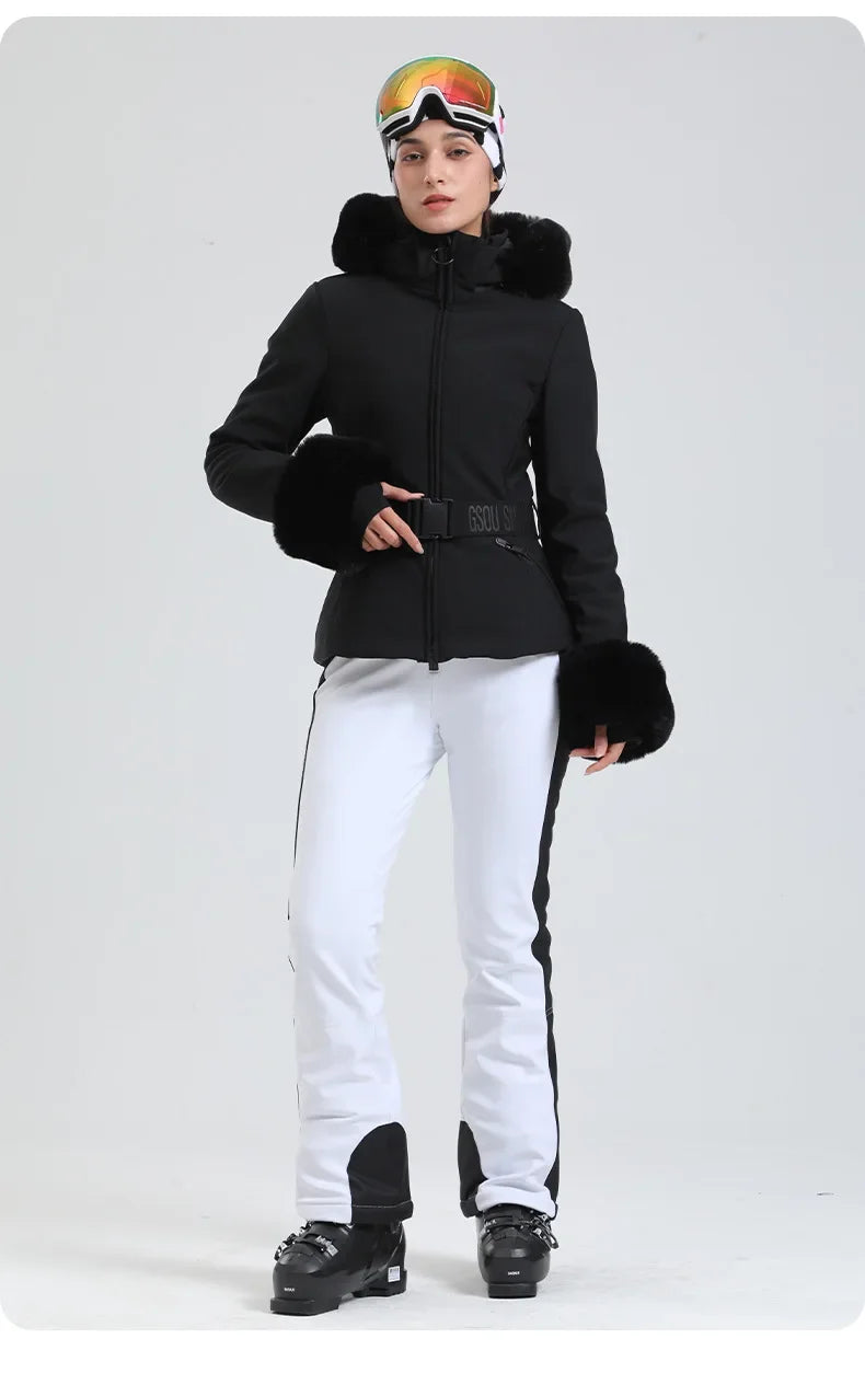 Jaqueta Feminina de Ski impermeável com Pelo no Punho e Capuz – Impermeável, Térmica e Respirável para Frio Extremo