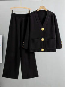 Conjunto Feminino Elegante em Tricô – Cardigan de Botões e Calça de Cintura Alta com Perna Larga