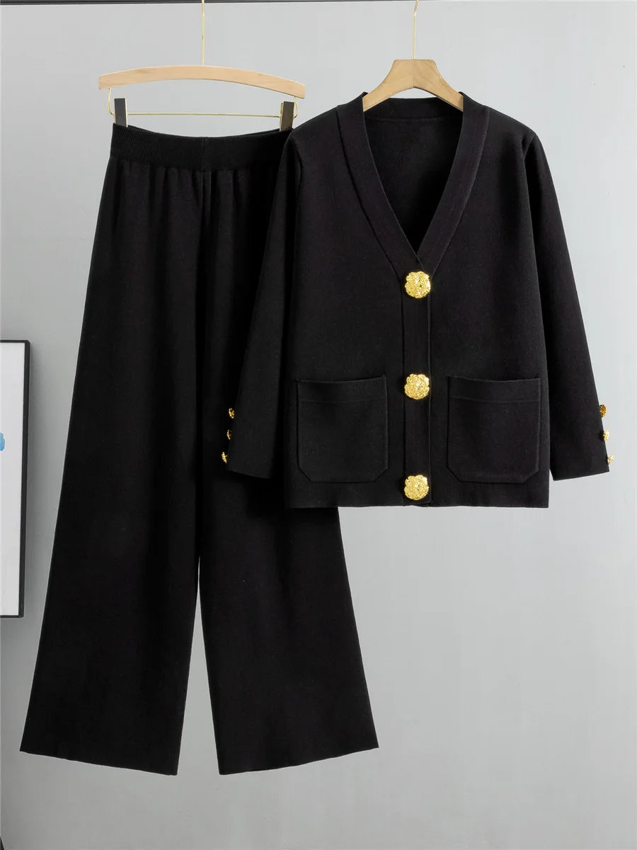 Conjunto Feminino Elegante em Tricô – Cardigan de Botões e Calça de Cintura Alta com Perna Larga