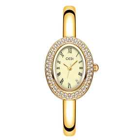 Relógio Feminino Bracelete – Estilo Luxo, Quartzo, Mostrador Oval Dourado/Prateado com Detalhes em Diamante, Fashion e Elegante