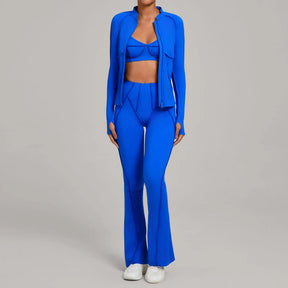 Conjunto Esportivo Feminino 3 Peças – Jaqueta com Zíper + Top + Calça | Yoga, Corrida e Treinos ao Ar Livre