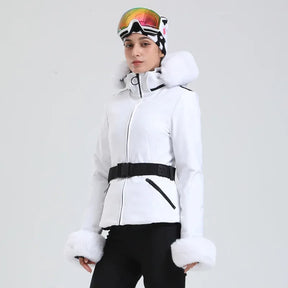 Jaqueta Feminina de Ski impermeável com Pelo no Punho e Capuz – Impermeável, Térmica e Respirável para Frio Extremo