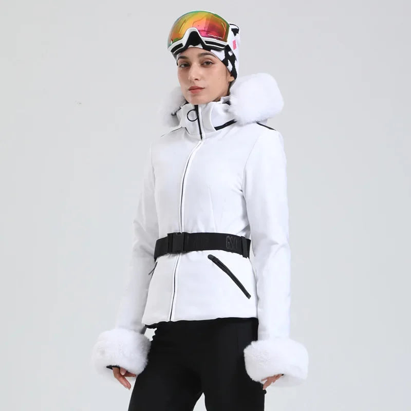 Jaqueta Feminina de Ski impermeável com Pelo no Punho e Capuz – Impermeável, Térmica e Respirável para Frio Extremo