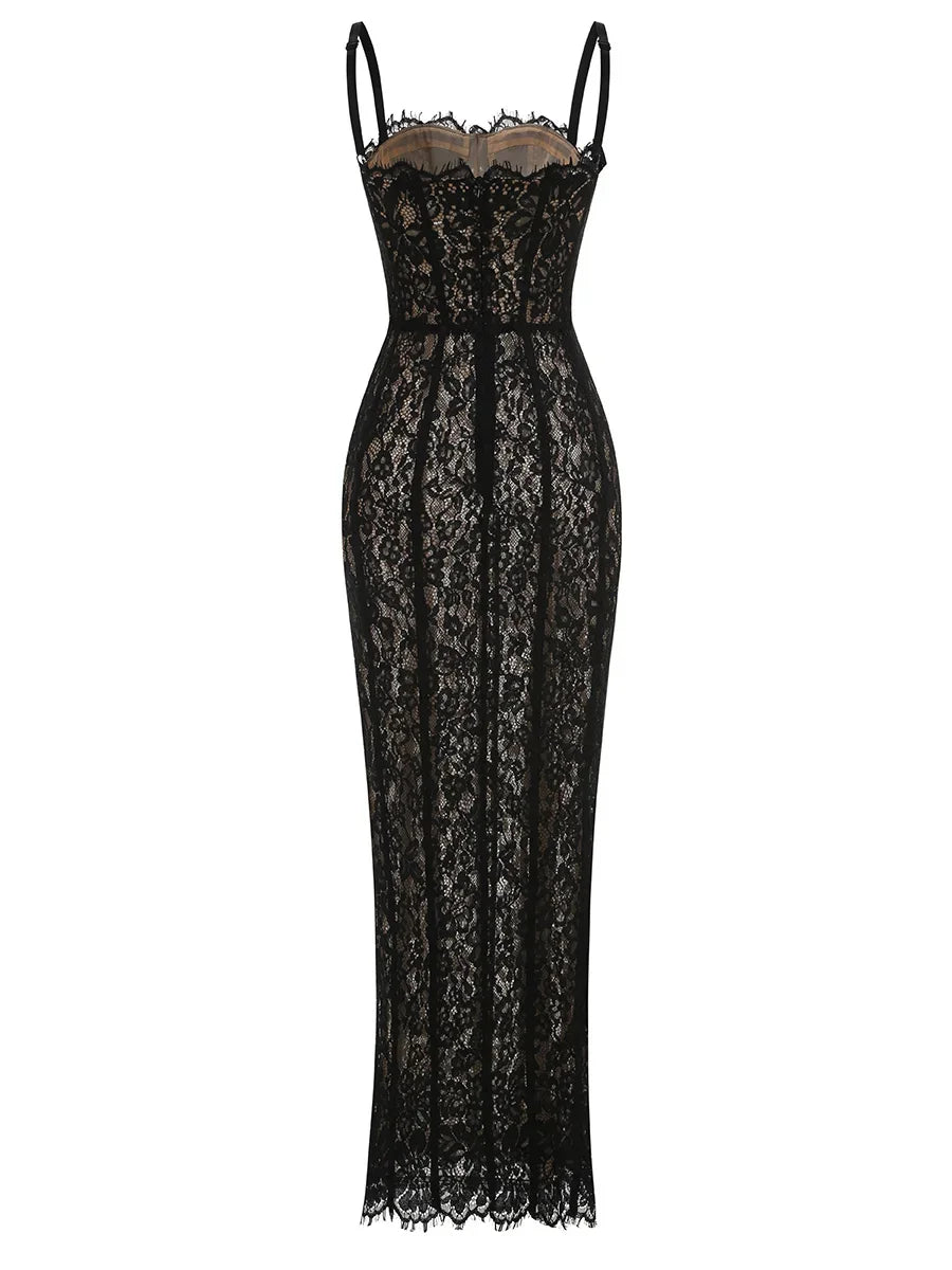 Vestido Longo Escultural com Decote Quadrado e Renda Nobre