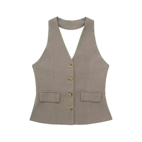 Conjunto Colete Halter Sem Mangas com Bolsos + Calça Pantalona Cintura Alta, Look Executivo Moderno