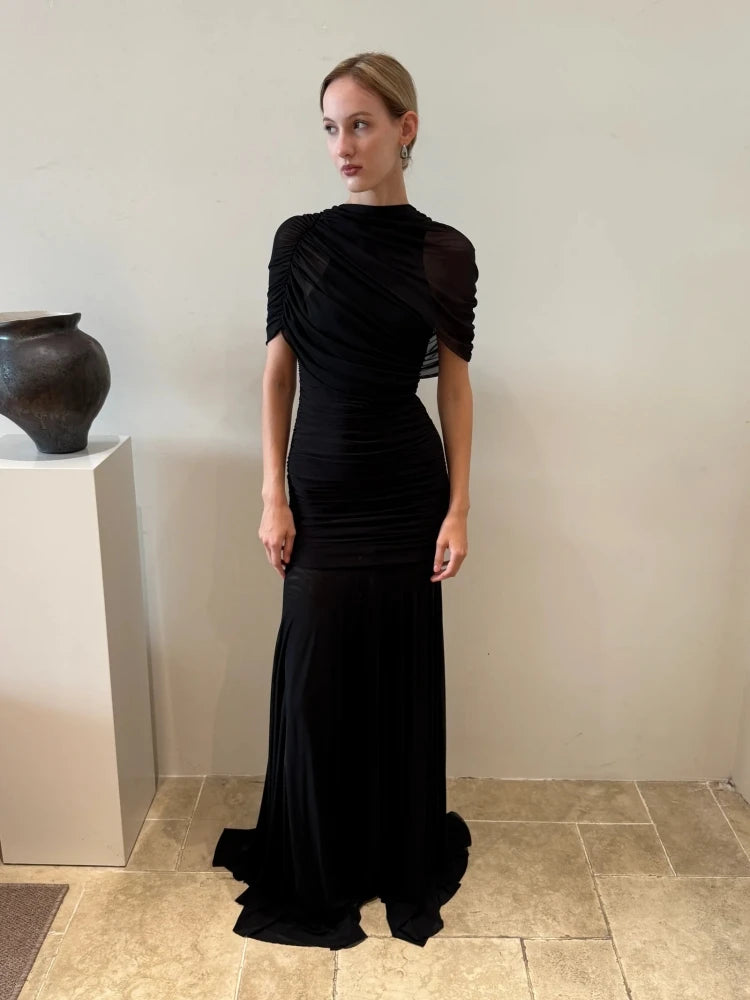 Vestido Longo em Malha Drapeada com Contraste