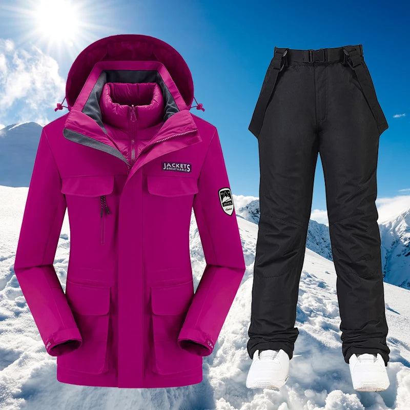 Conjunto Feminino para Ski e Snowboard – Jaqueta Acolchoada com Calça Impermeável e Proteção Térmica