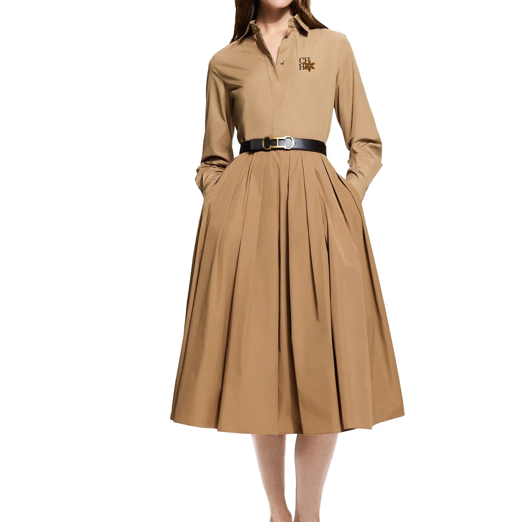 Conjunto CHCH – Camisa Bordada + Saia Midi Plissada Casual Chic