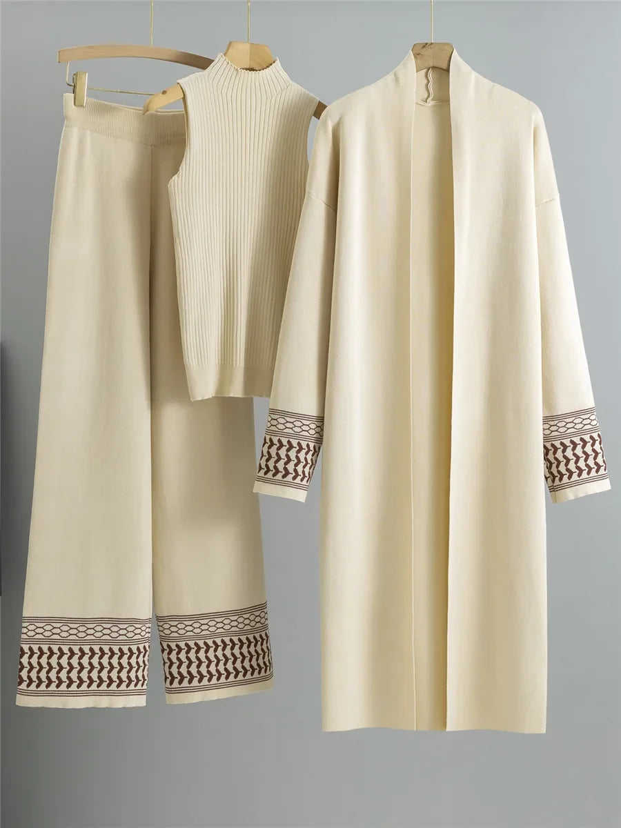 Conjunto Feminino 3 Peças de Tricô – Colete, Cardigan Longo e Calça Pantalona