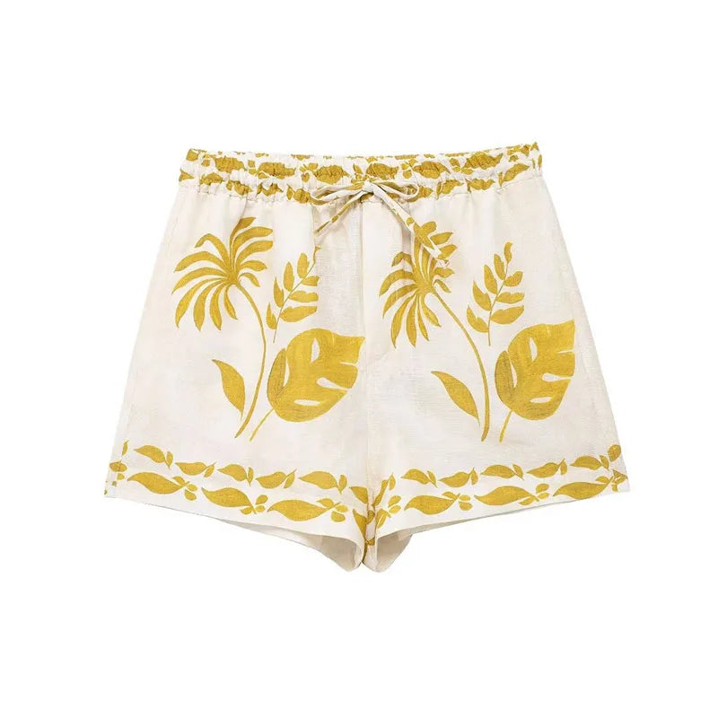 Conjunto Casual 2 Peças: Blusa Bege de Manga Longa com Gola Lapela + Shorts com Cintura Elástica e Faixa