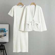 onjunto Executivo Feminino – Tricô Elegante com Casaco Longo e Saia