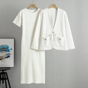 onjunto Executivo Feminino – Tricô Elegante com Casaco Longo e Saia