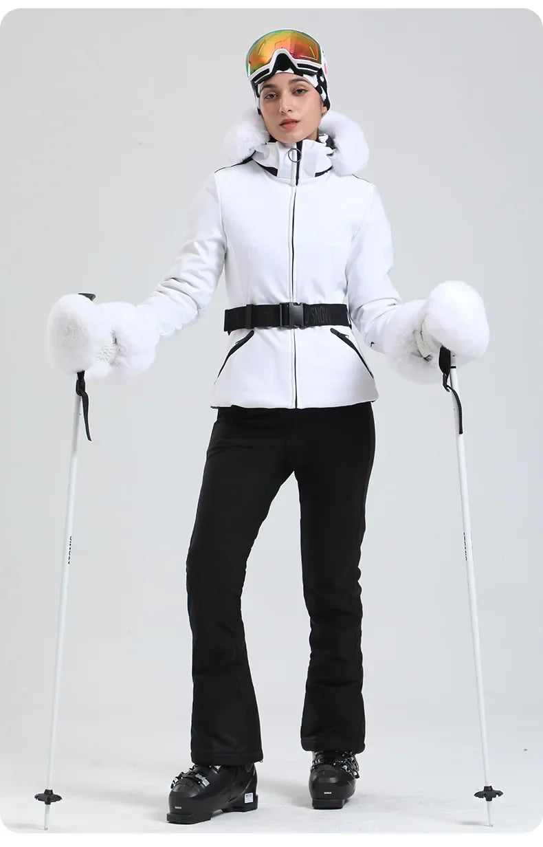 Jaqueta Feminina de Ski impermeável com Pelo no Punho e Capuz – Impermeável, Térmica e Respirável para Frio Extremo
