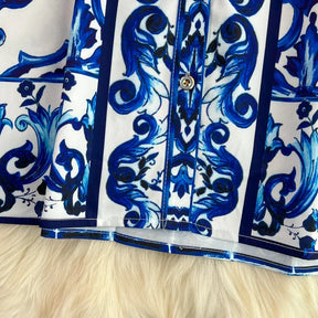 Conjunto Fashion Primavera - Camisa e Shorts com Estampa de Porcelana Azul e Branca