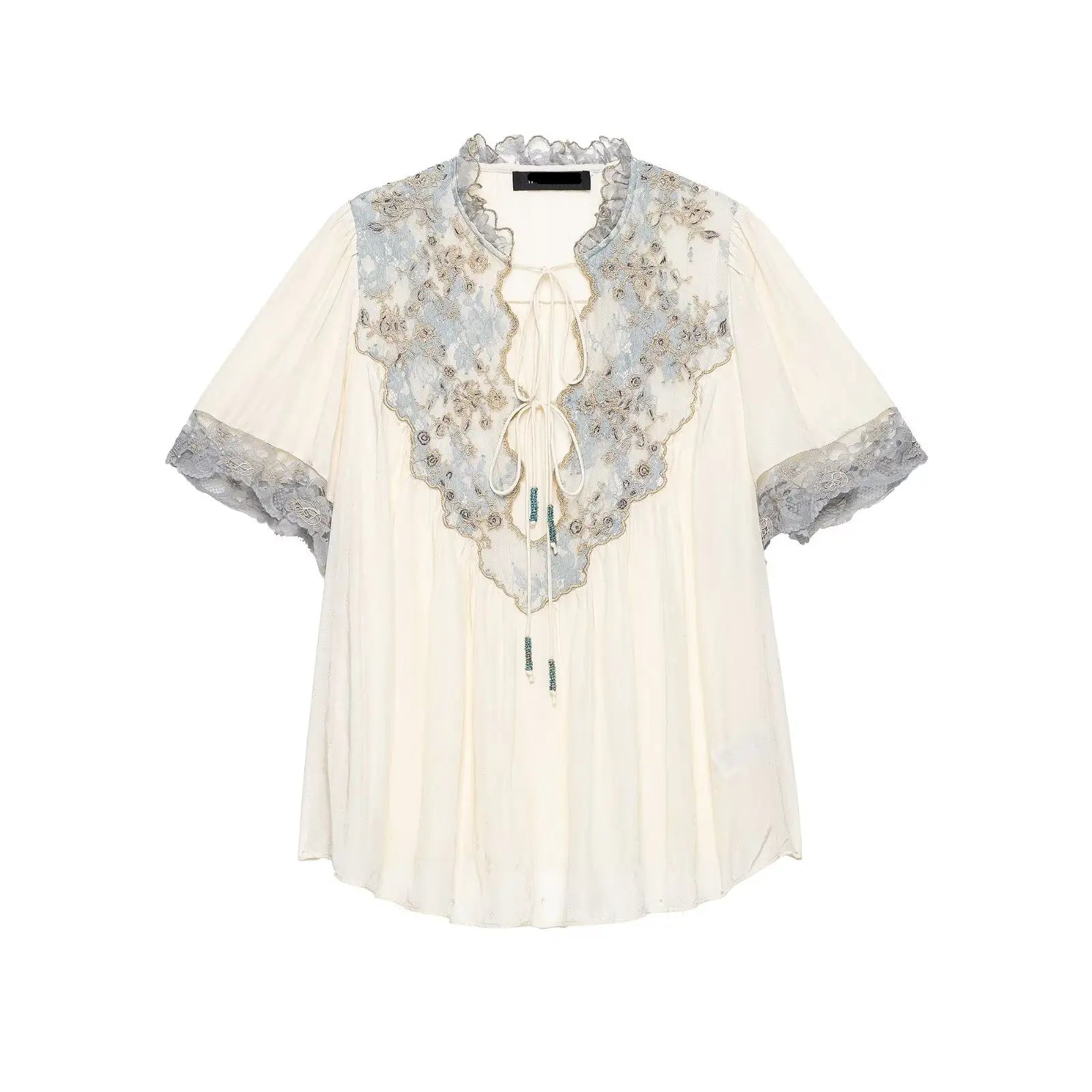 Blusa Fluida com Detalhes em Renda Floral e Decote em V