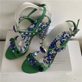 Sandália Luxuosa Diamond Crystal – Estampa Azul e Branco