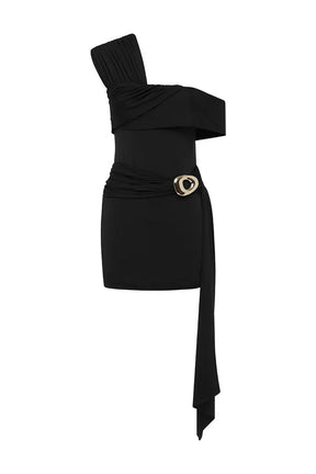 Vestido Curto Ombro Único – Sexy, Botões Metálicos