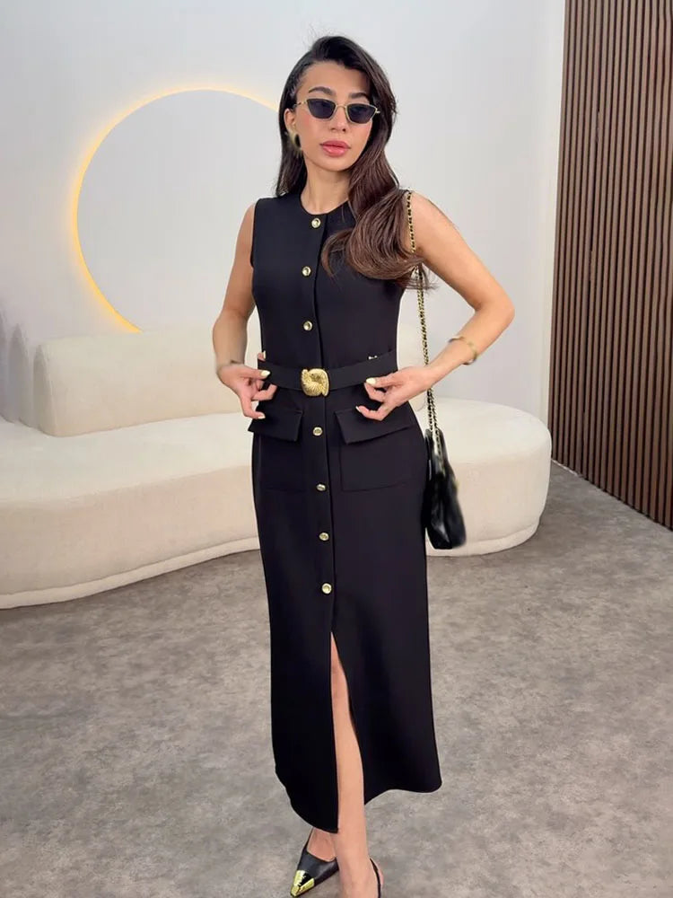 Vestido Midi com Cinto e Fenda – Elegância e Estilo em Cada Detalhe