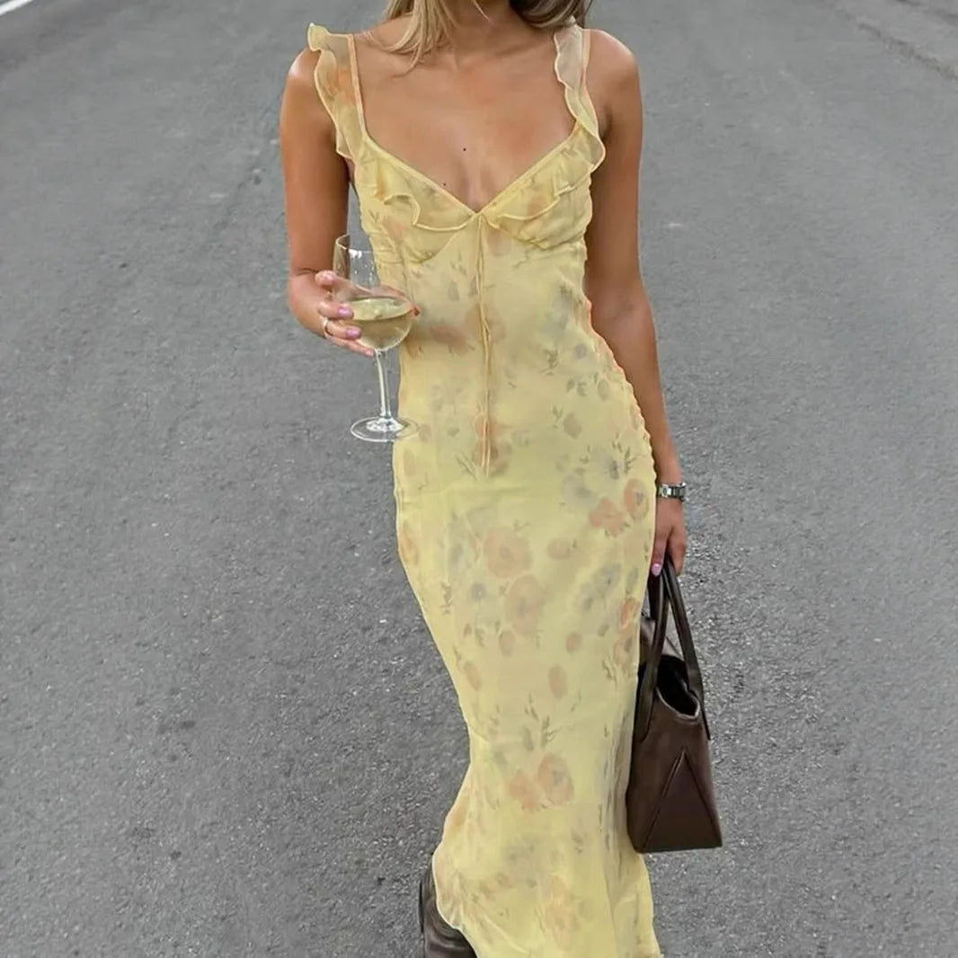 Vestido Longo Floral Retrô Amarelo – Elegância e frescor em cada detalhe
