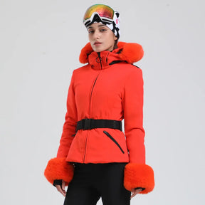 Jaqueta Feminina de Ski impermeável com Pelo no Punho e Capuz – Impermeável, Térmica e Respirável para Frio Extremo