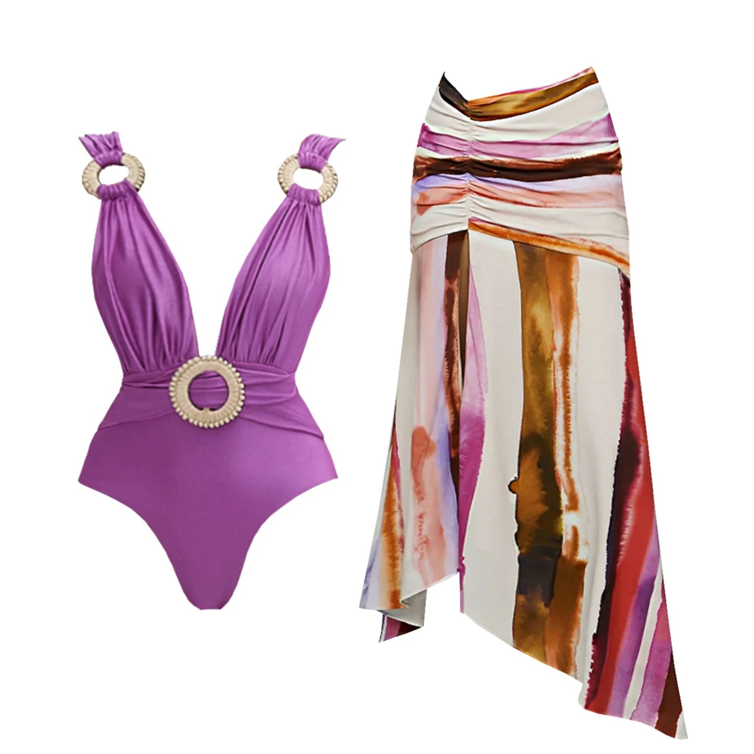 Conjunto Biquíni com Saia Longa Listrada