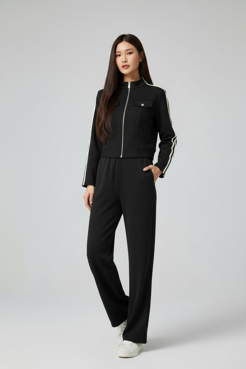 Conjunto Esportivo com Jaqueta Listrada e Calça Pantalona