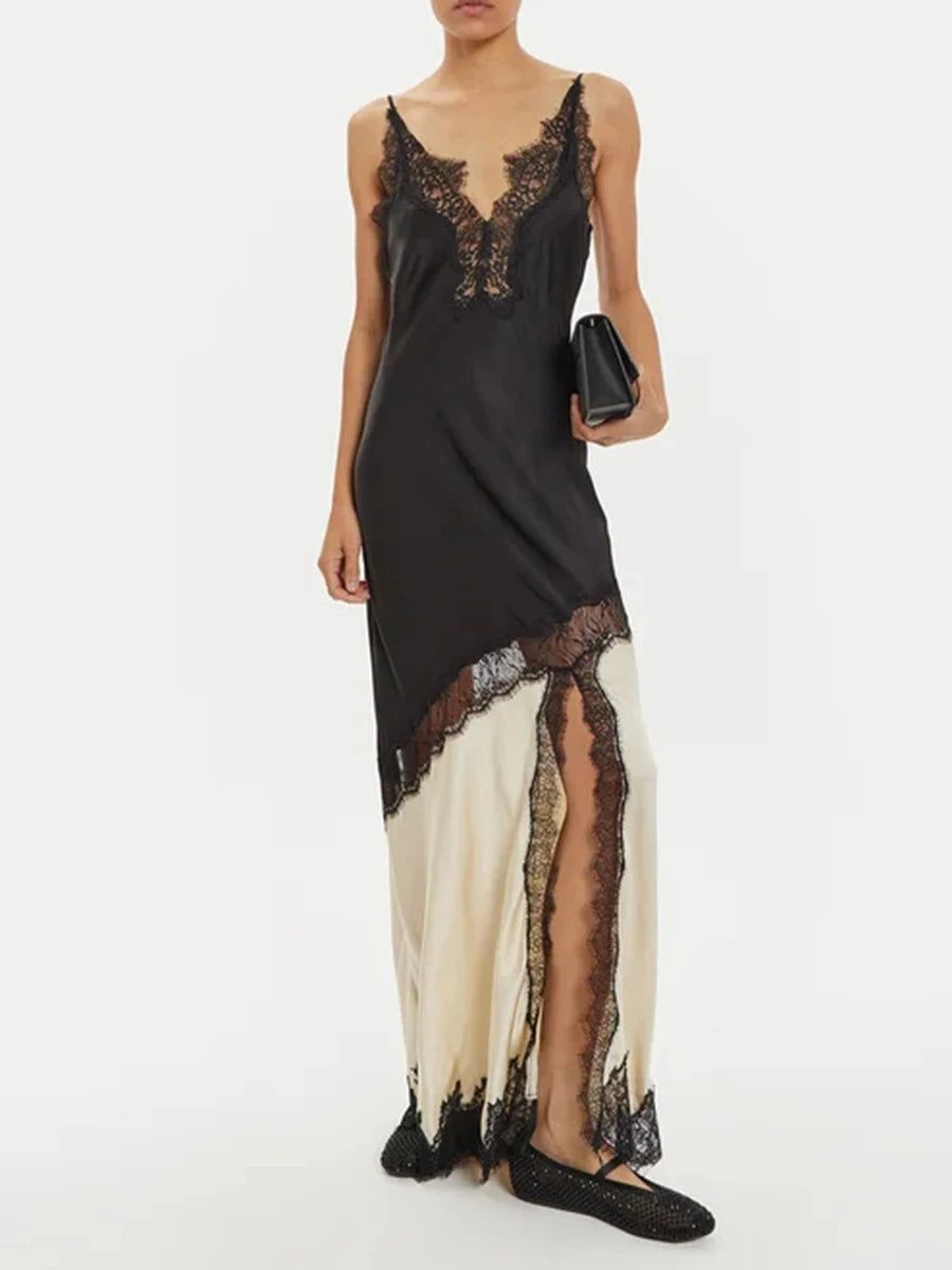 Vestido com Recortes Esculpidos em Renda e Elegância Patchwork