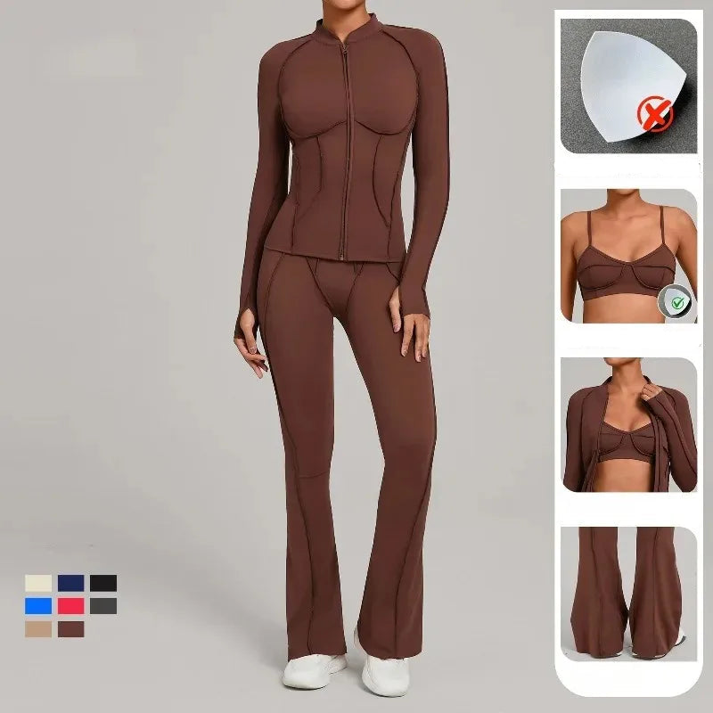 Conjunto Esportivo Feminino 3 Peças – Jaqueta com Zíper + Top + Calça | Yoga, Corrida e Treinos ao Ar Livre