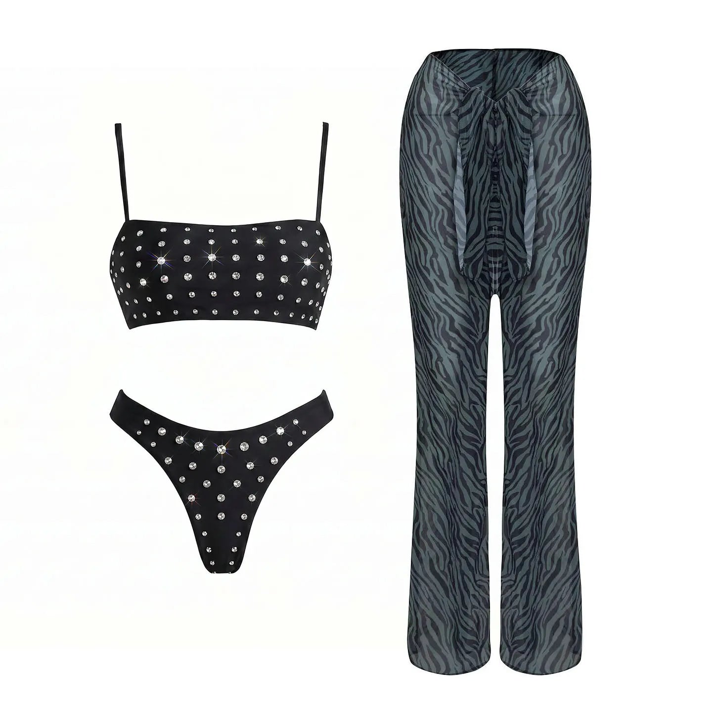 Conjunto de Biquíni Aplicações de Cristais e Calça Pantalona Estampada