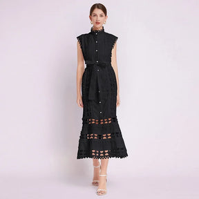 Vestido Elegante Slim – Renda Bordada e Gola Alta