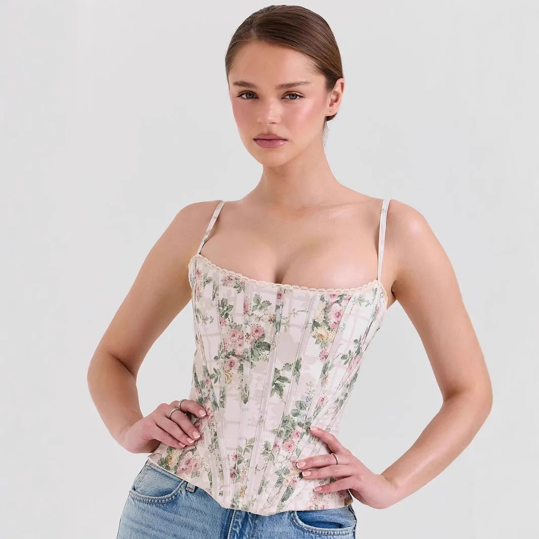 Corset Romântico com Sustentação e Estampa Delicada