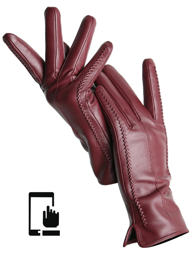 Luvas Femininas em Couro de Ovelha com Forro Aveludado e Toque para Tela – Elegância de Inverno