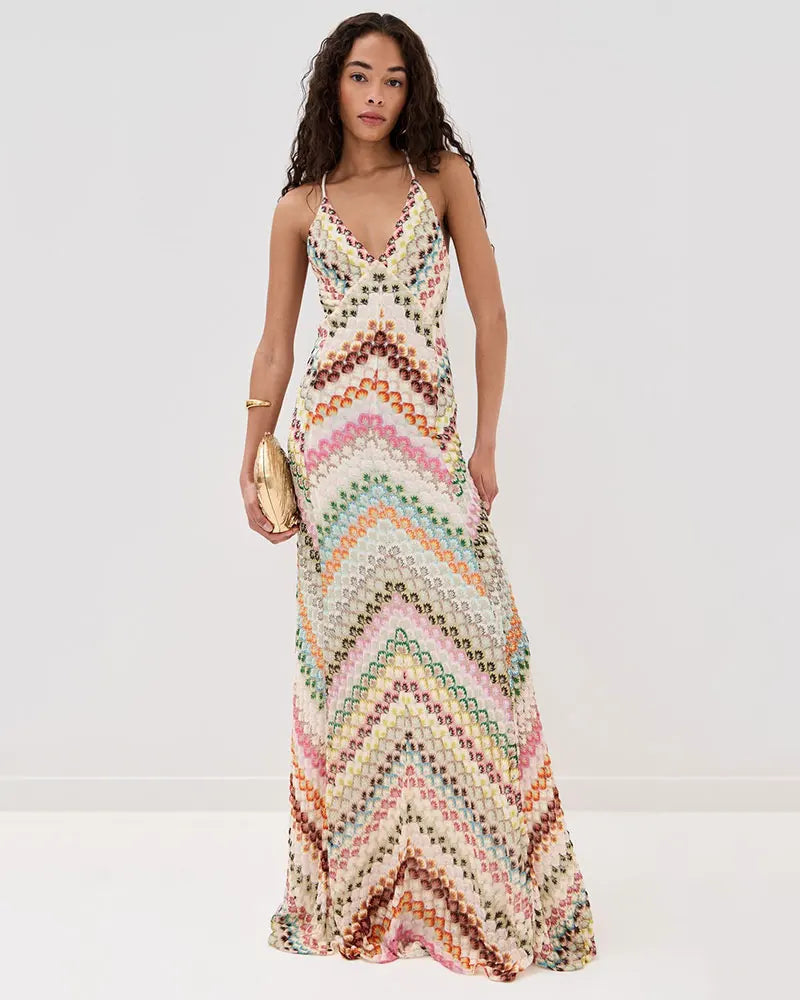 Vestido Longo de Crochê Decote V com Amarração — Elegante, Fresco para o Verão