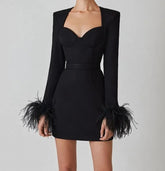 Vestido de Manga Longa com Plumas – Elegância e Sensualidade