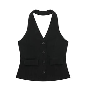 Conjunto Colete Halter Sem Mangas com Bolsos + Calça Pantalona Cintura Alta, Look Executivo Moderno