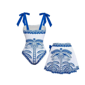 Conjunto Maiô de Praia Floral com Modelagem Modeladora e Saia