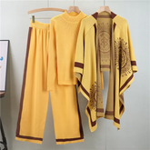 Conjunto Feminino 3 Peças em Tricô – Blusa, Pashmina e Calça Pantalona Cintura Alta