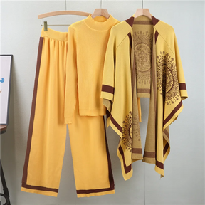 Conjunto Feminino 3 Peças em Tricô – Blusa, Pashmina e Calça Pantalona Cintura Alta